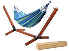 Zestaw stelaż na hamak 108x86x300 cm impregnowany 220kg + tkanina niebieski - Miniaturka zdjęcia nr 1