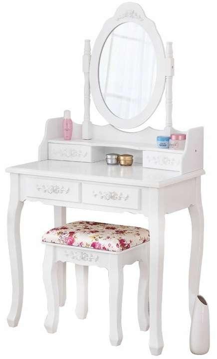 Toaletka kosmetyczna z lustrem biała TL01 + taboret kwiaty nr. 1
