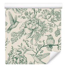 Tapeta Do Sypialni KOLIBRY Ptaki Piwonie Kwiaty Natura Styl Retro - Miniaturka zdjęcia nr 2