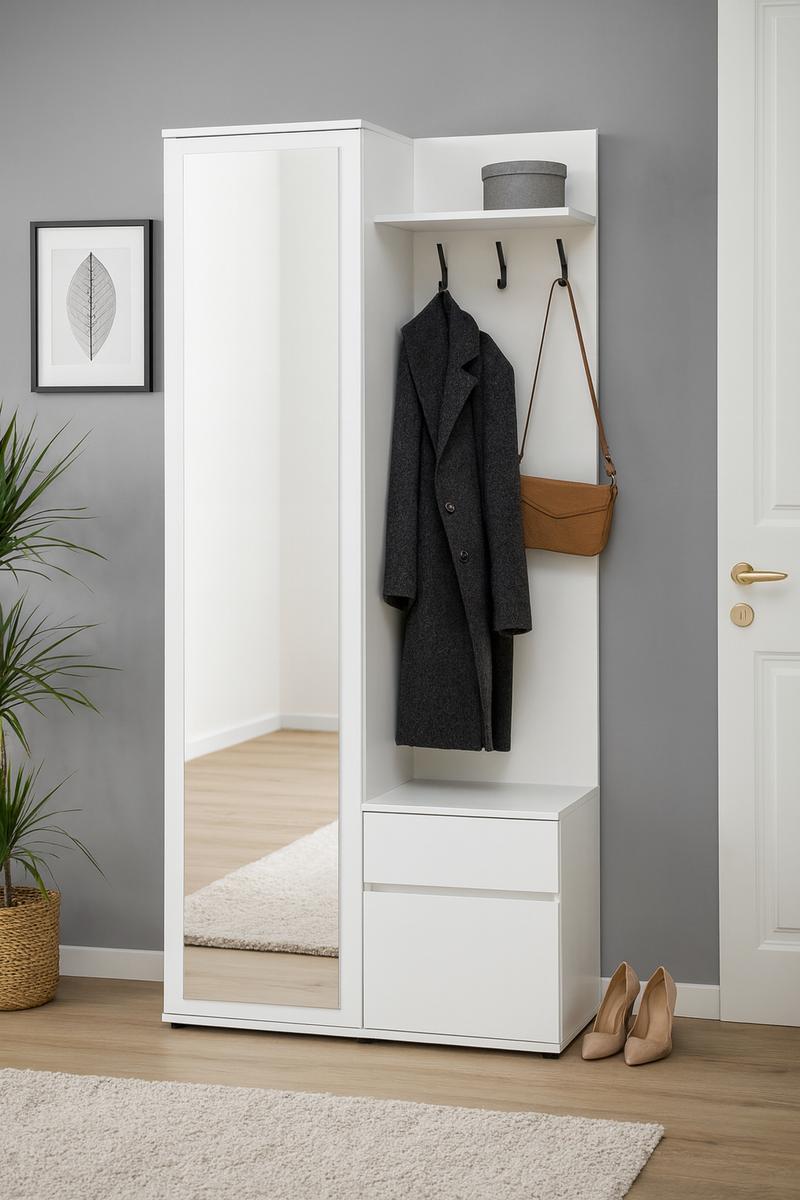 Garderoba do przedpokoju DUO 180x95x35 cm z lustrem wieszakami szafka na buty biała