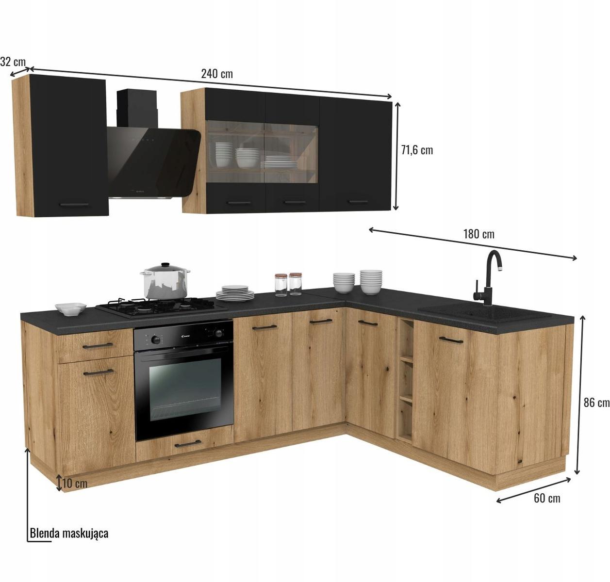 Zestaw mebli kuchennych Capri 240x180 kuchnia narożna szafki kuchenne górne dolne dąb evoke/czarny z blatem district dark  nr. 3