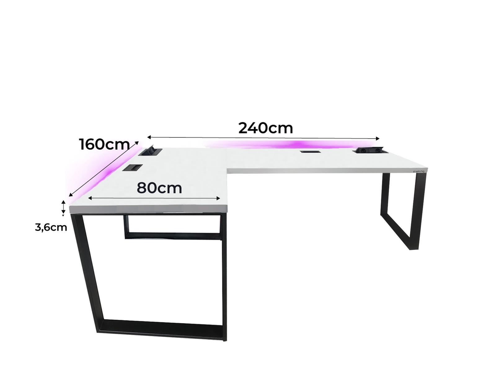 Biurko gamingowe narożne model 3 Top białe LOFT metalowe nogi LED RGB przepust USB dla gracza 240x80x71cm nr. 2