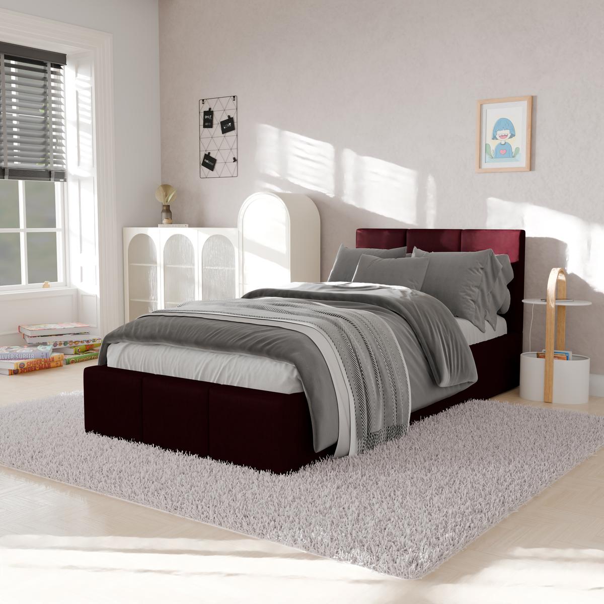 Łóżko Pojedyncze 90x200cm łóżko tapicerowane z pojemnikiem bordowe do sypialni wezgłowie 88 cm nr. 4