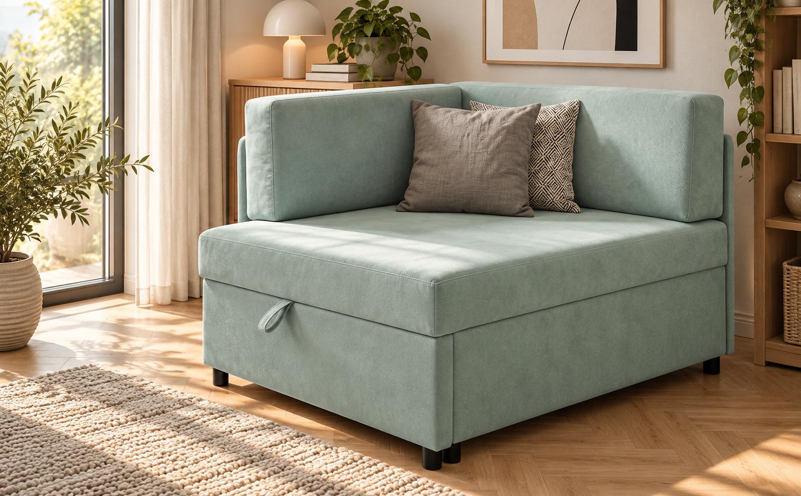 Sofa Viluś 106x75x80 cm miętowy rozkładana sofa narożna jednoosobowa z funkcją spania i pojemnikiem na pościel