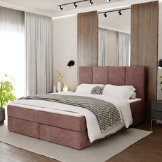 Łóżko kontynentalne 180x200x113 cm tapicerowane podwójne z materacem brudny róż  - Miniaturka zdjęcia nr 1