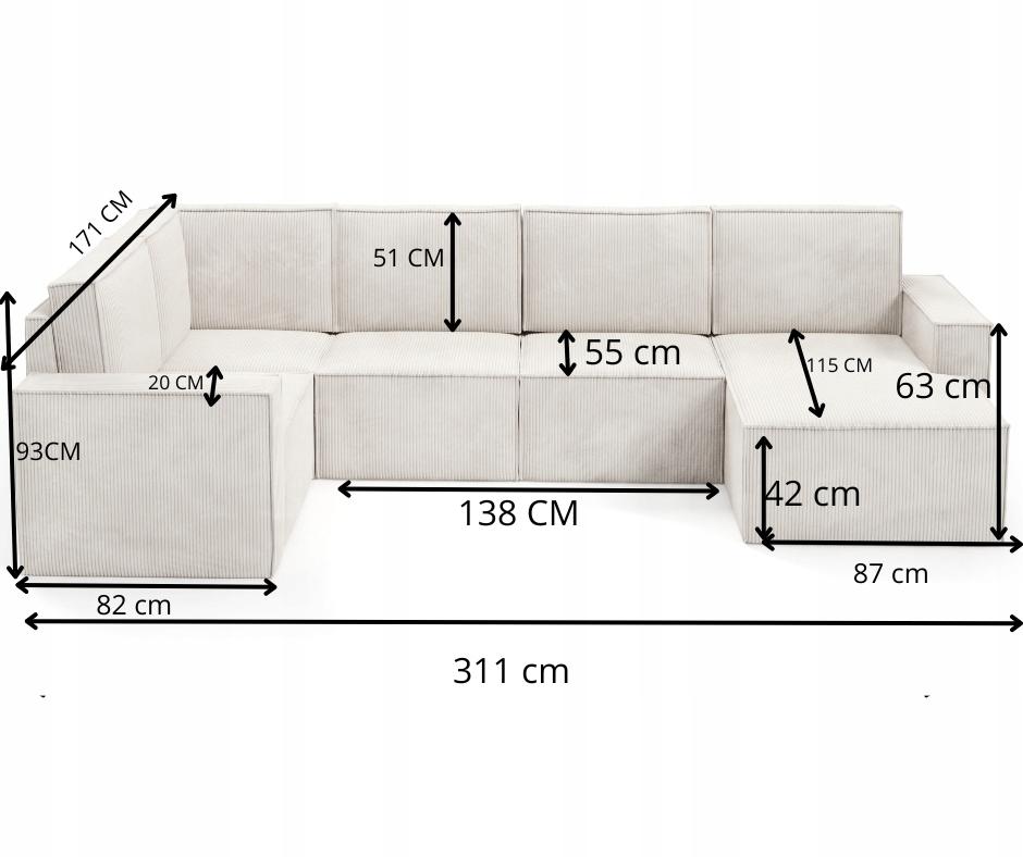 Narożnik U2 PORTO 311x151x93 cm sztruks kremowy do salonu nr. 12