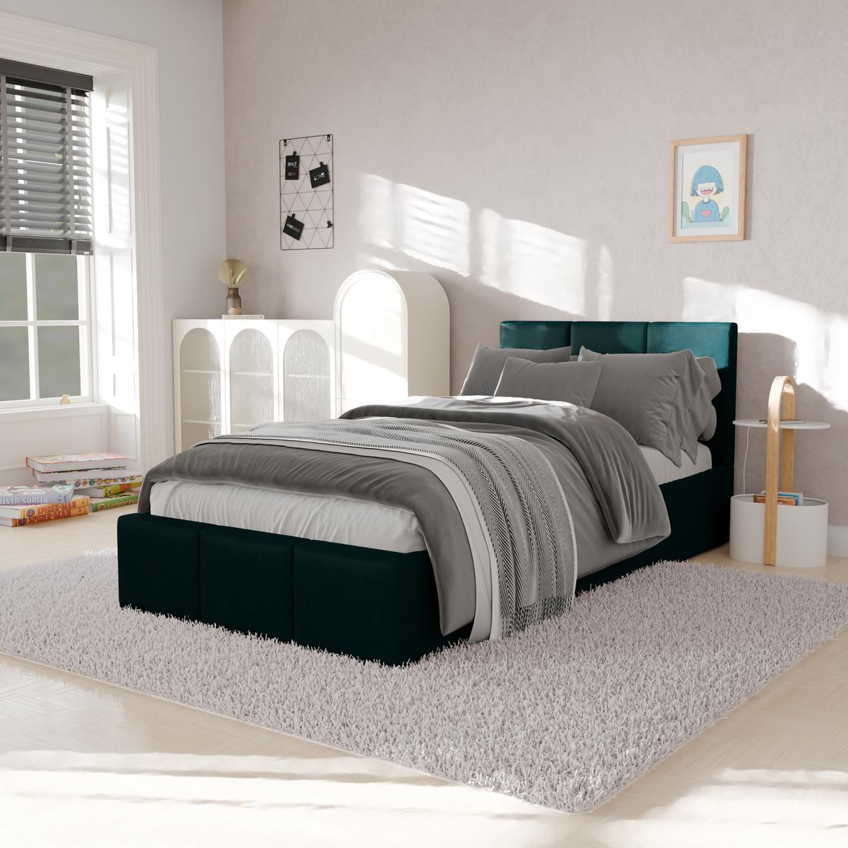 Łóżko Pojedyncze 90x200cm łóżko tapicerowane z pojemnikiem turkusowe do sypialni wezgłowie 100 cm nr. 4