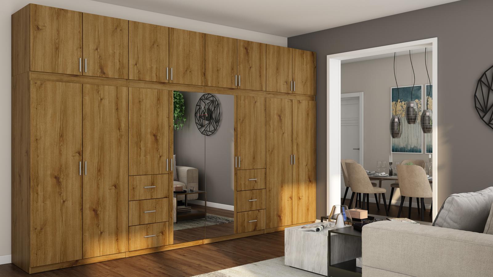 Szafa otwierana 380x57x240 cm do sypialni garderoby dąb carpenter whisky z 2 lustrami