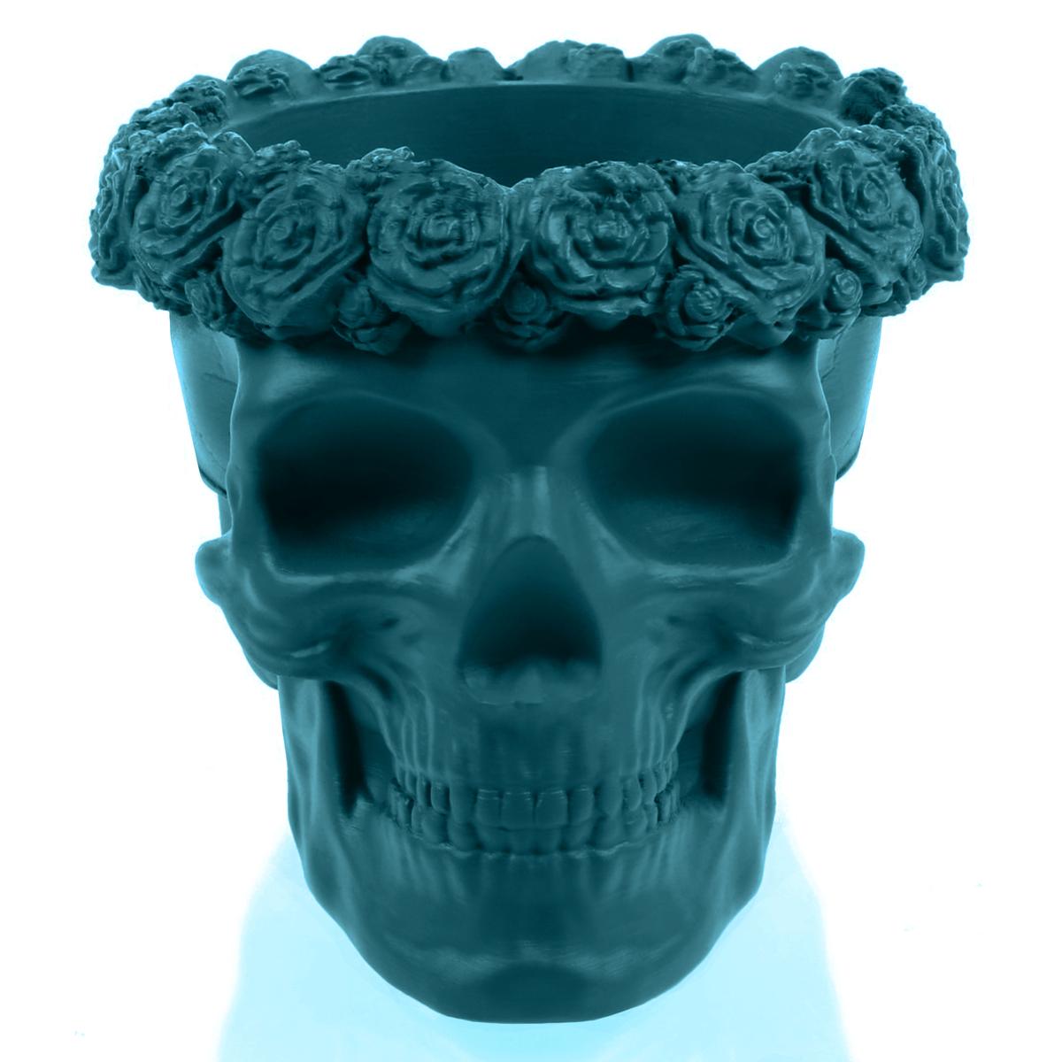 Donica Skull Flowers Dark Turquoise Poli  11 cm