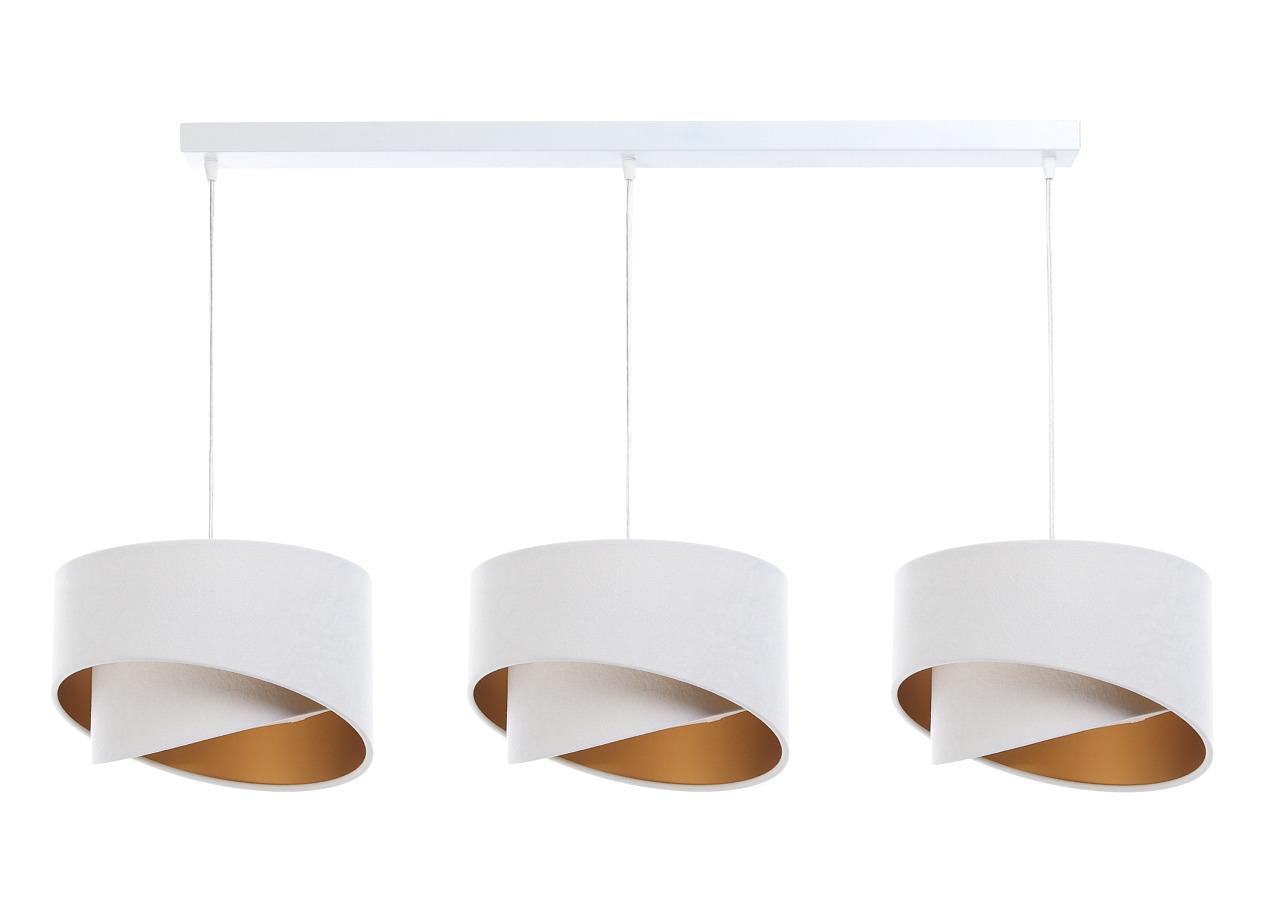 Lampa 114x88x86 cm na listwie z 3 asymetrycznymi abażurkami biało złota