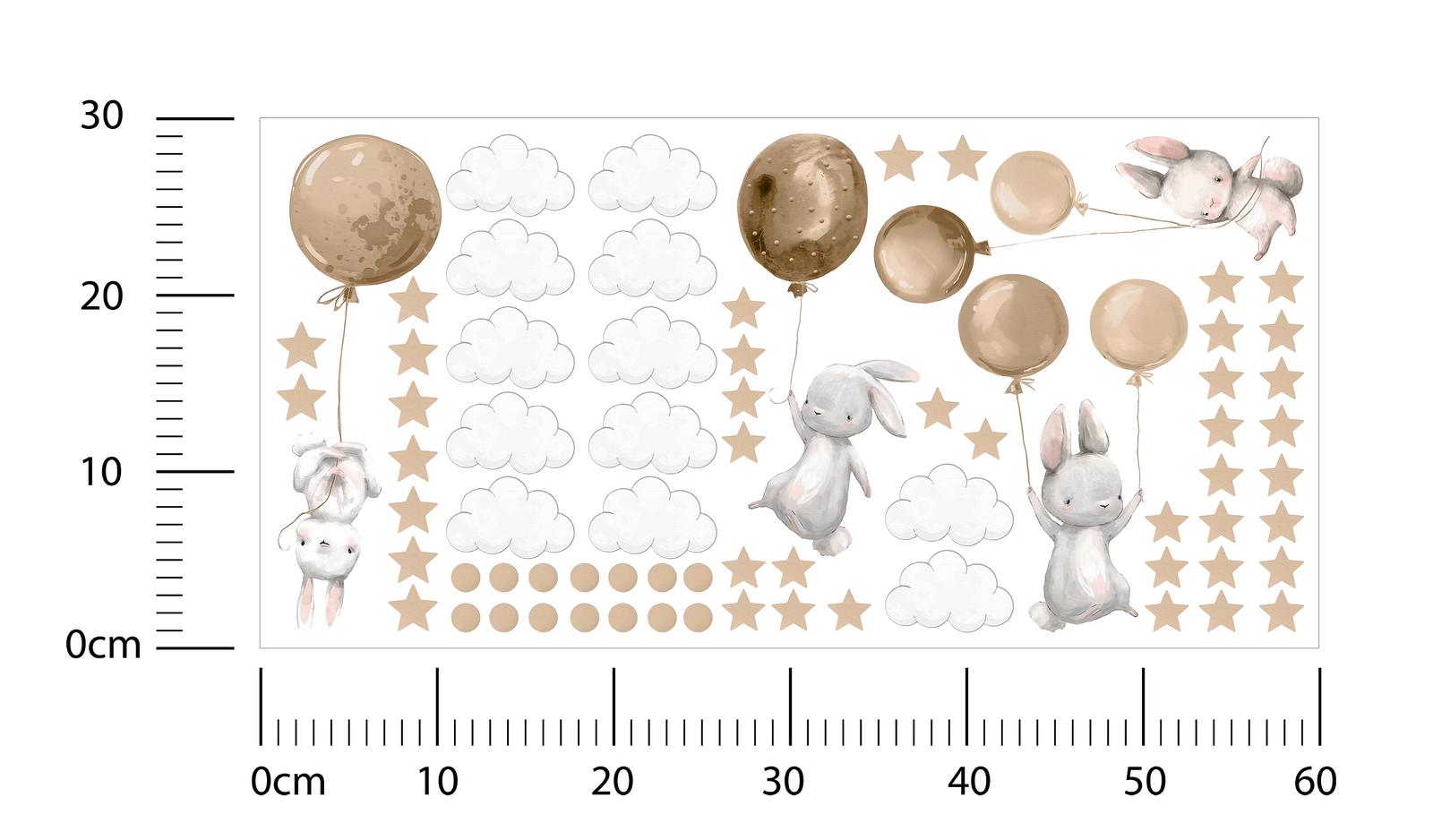 Naklejki Na Ścianę Dla Dzieci Króliczki 60x30 Balony Gwiazdy ZESTAW nr. 2