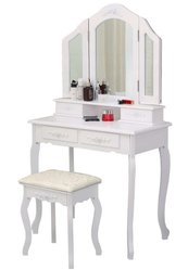 Toaletka kosmetyczna z lustrem TL04 biała + taboret beżowy