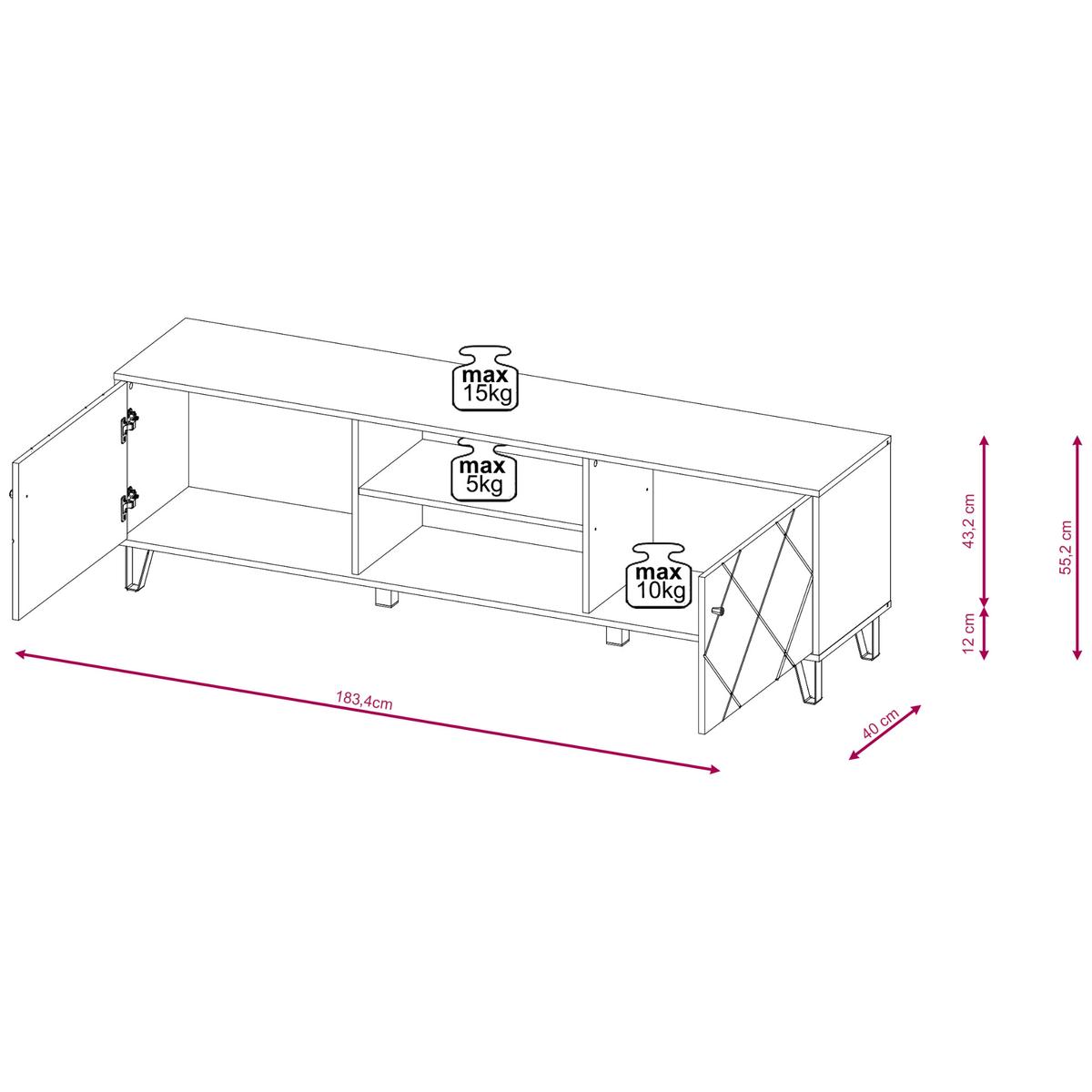 Szafka RTV 183,4x40x55,2 cm z praktycznymi szafkami i półkami dąb artrisan z białym frontem do salonu nr. 3