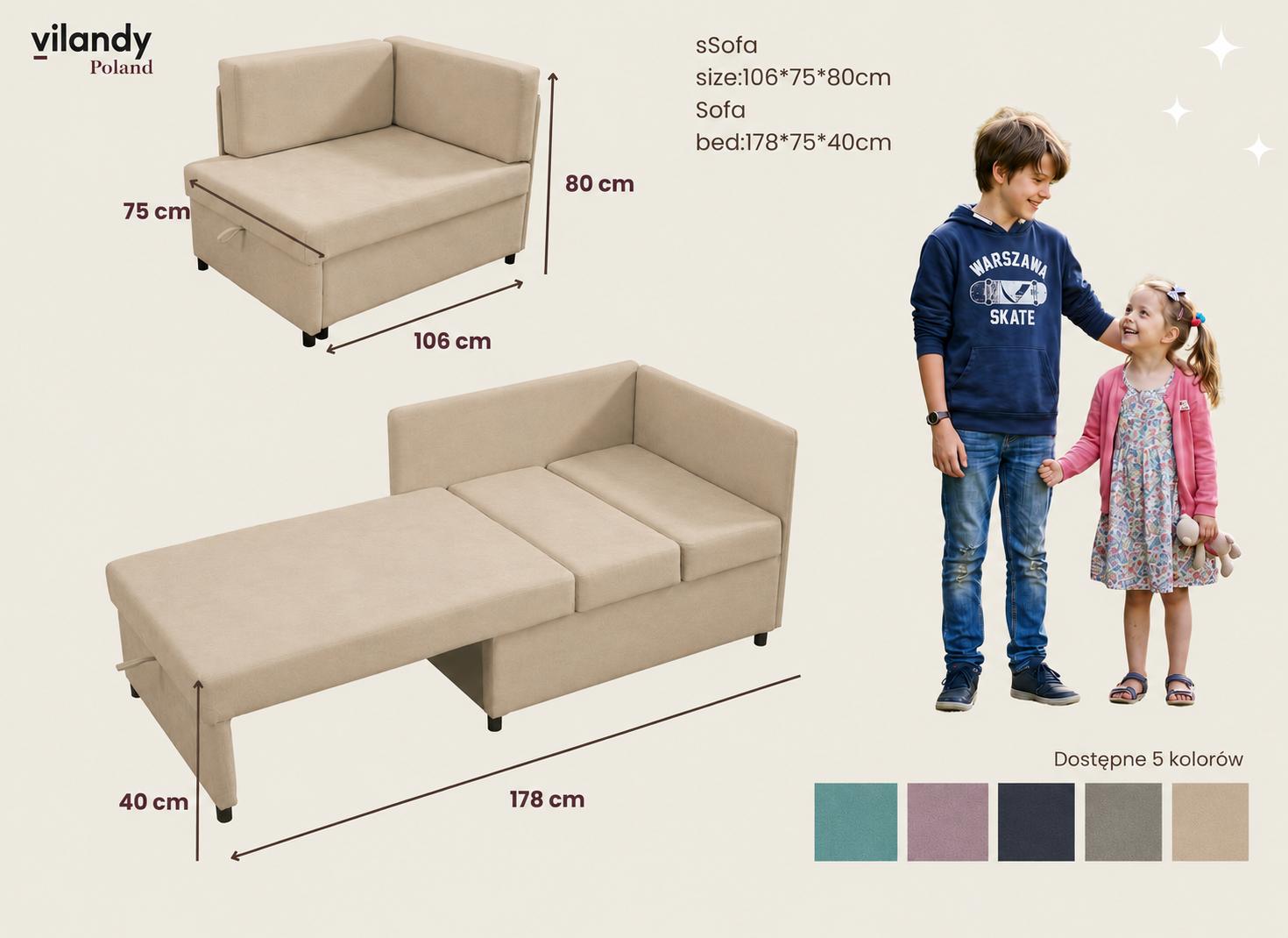 Sofa Viluś 106x75x80 cm beżowy rozkładana sofa narożna jednoosobowa z funkcją spania i pojemnikiem na pościel nr. 12