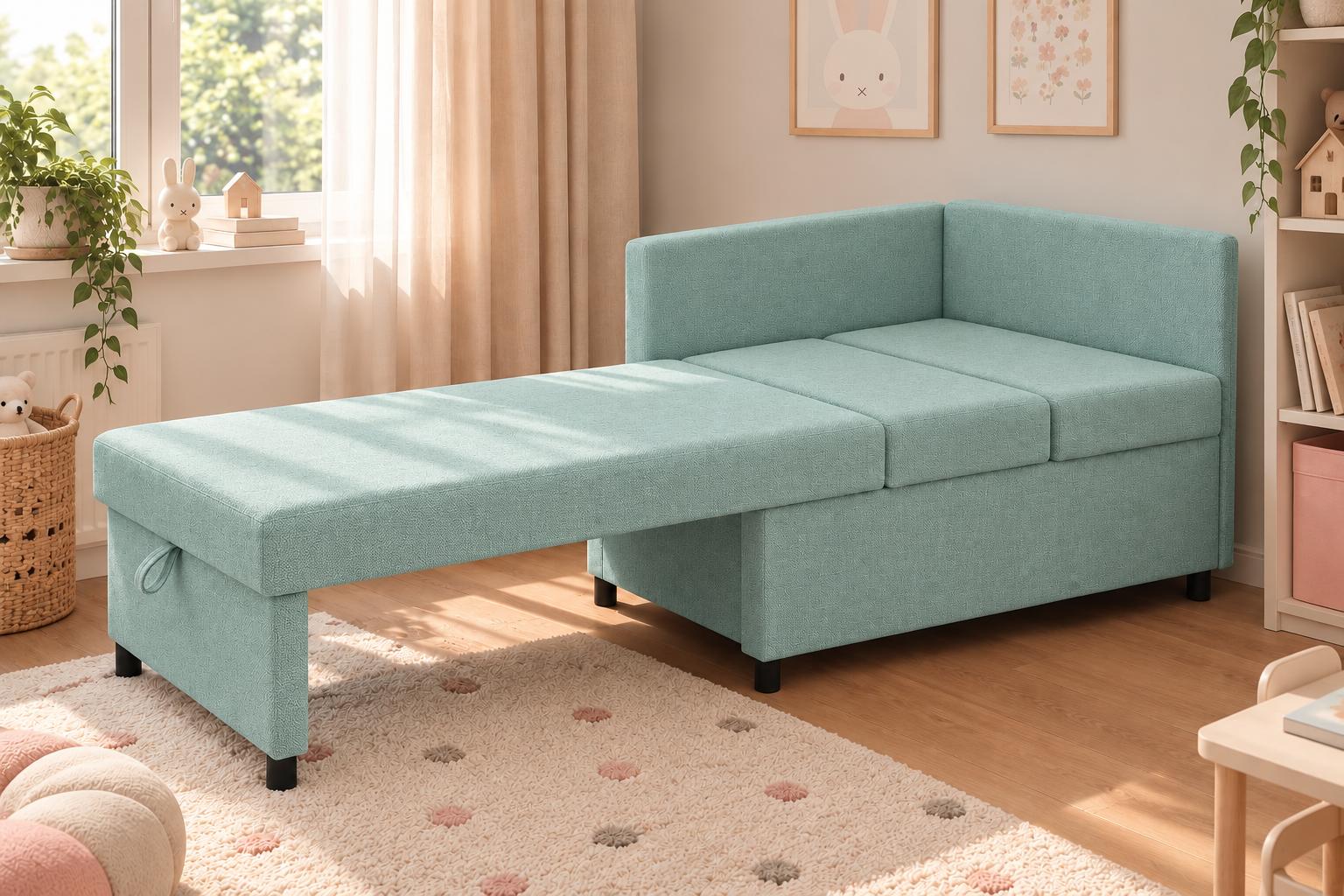 Sofa Viluś 106x75x80 cm miętowy rozkładana sofa narożna jednoosobowa z funkcją spania i pojemnikiem na pościel nr. 2