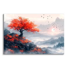 Obraz Na Płótnie Czerwone Drzewo Krajobraz 120x80 Dekoracja do Sypialni - Miniaturka zdjęcia nr 2