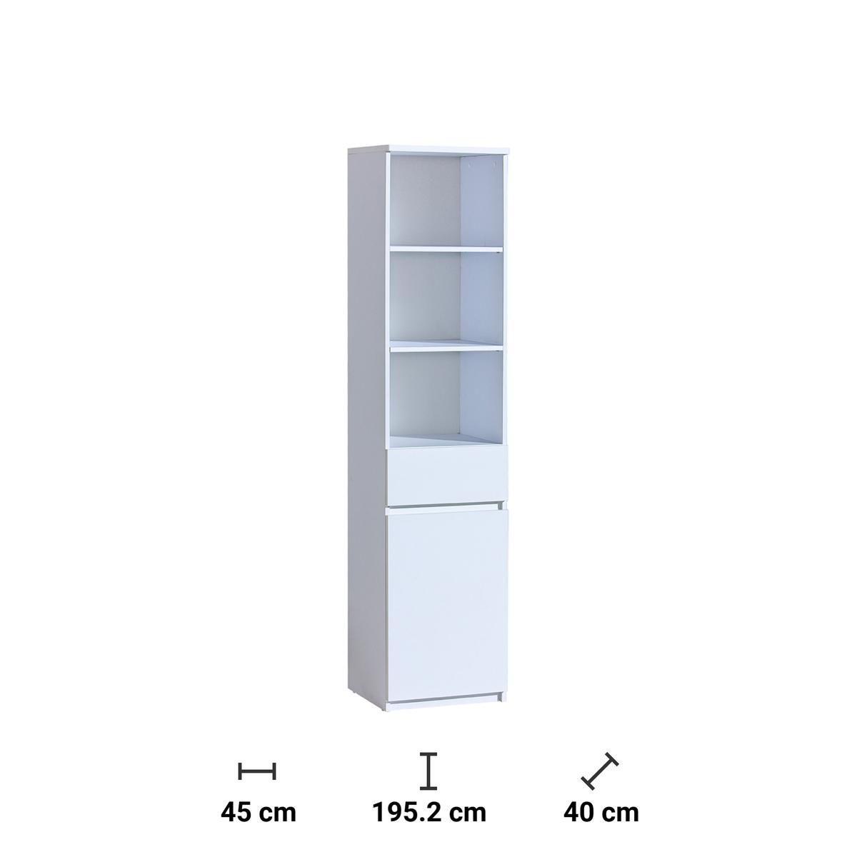 Regał 45x40x195,2 cm Arca z drzwiczkami szufladą i dwoma półkami biel arktyczna do salonu