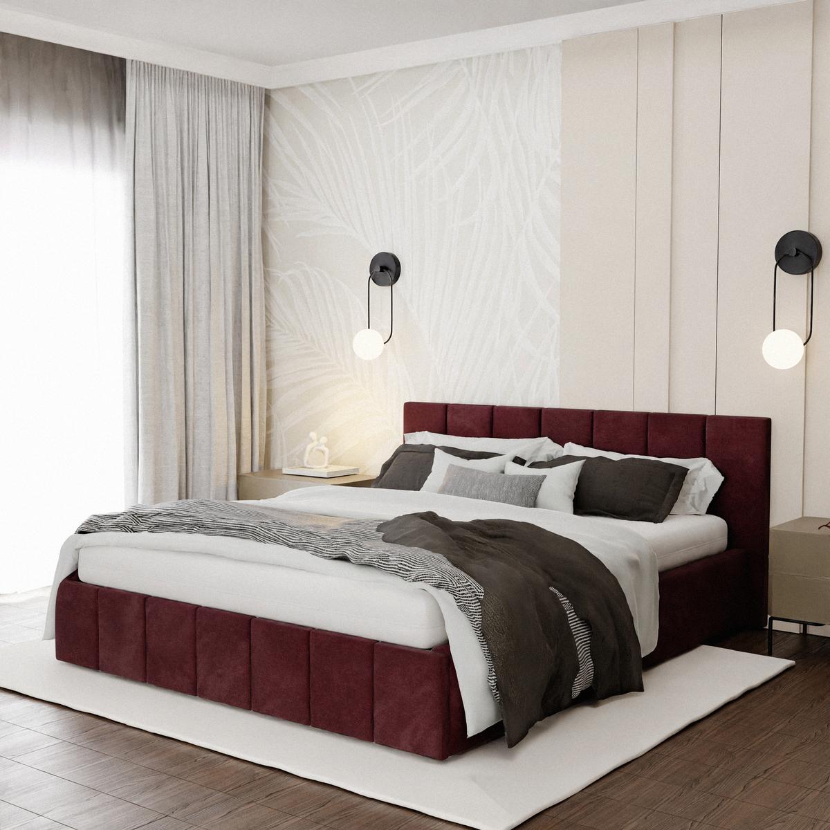 Łóżko tapicerowane 140x200 premium z pojemnikiem do sypialni bordowe wezgłowie 107 cm