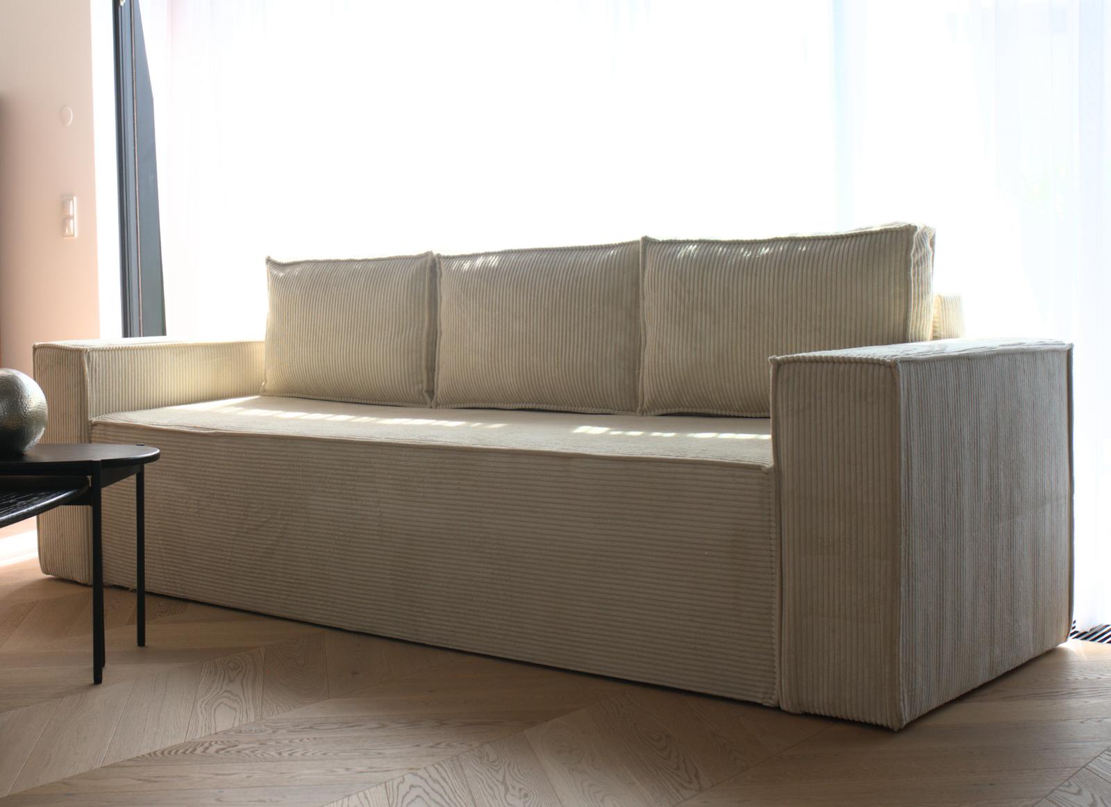Kanapa rozkładana Verona 248x52x93 cm wersalka z funkcją spania i pojemnikiem sprężyny bonell sztruks beżowa do salonu WERONA