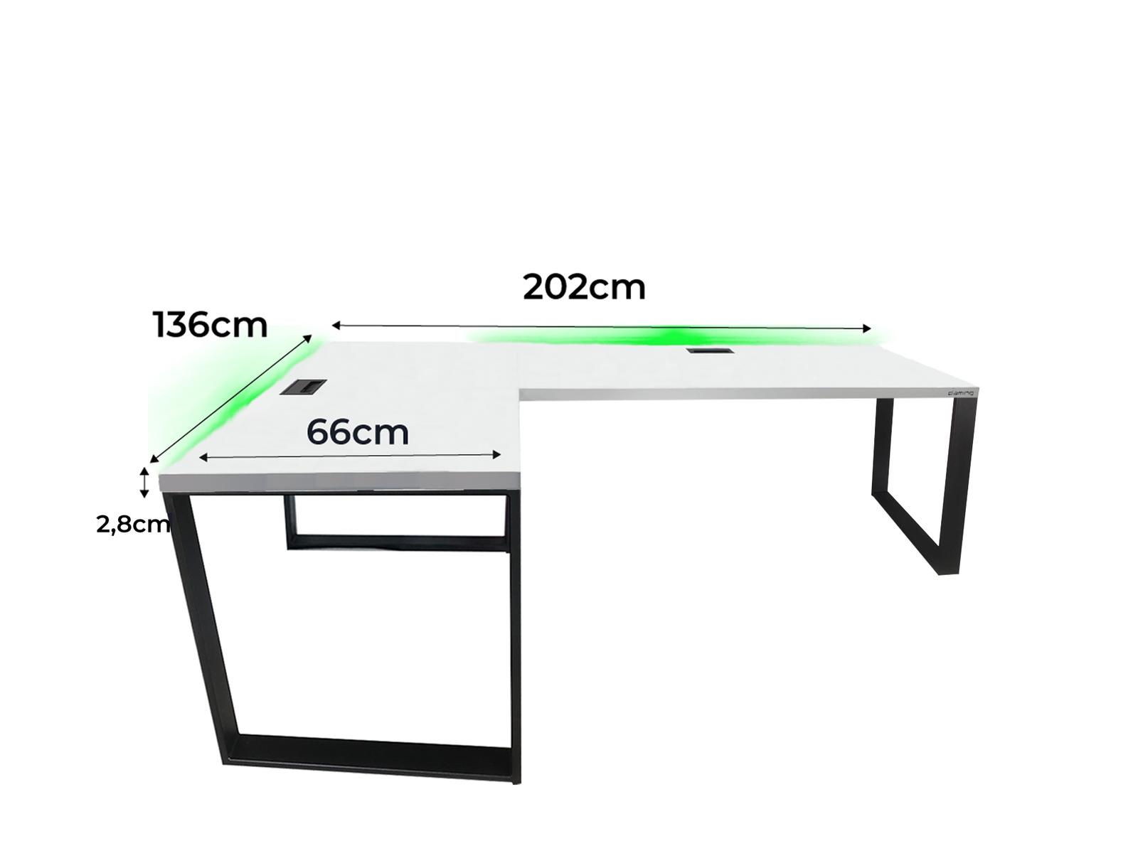 Biurko gamingowe narożne model 2 Top białe LOFT metalowe nogi LED RGB pilot przepust dla gracza 202x66x71cm nr. 2