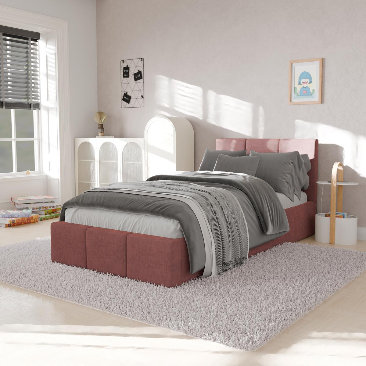 Łóżko Pojedyncze 90x200cm łóżko tapicerowane z pojemnikiem różowe do sypialni wezgłowie 110 cm nr. 4