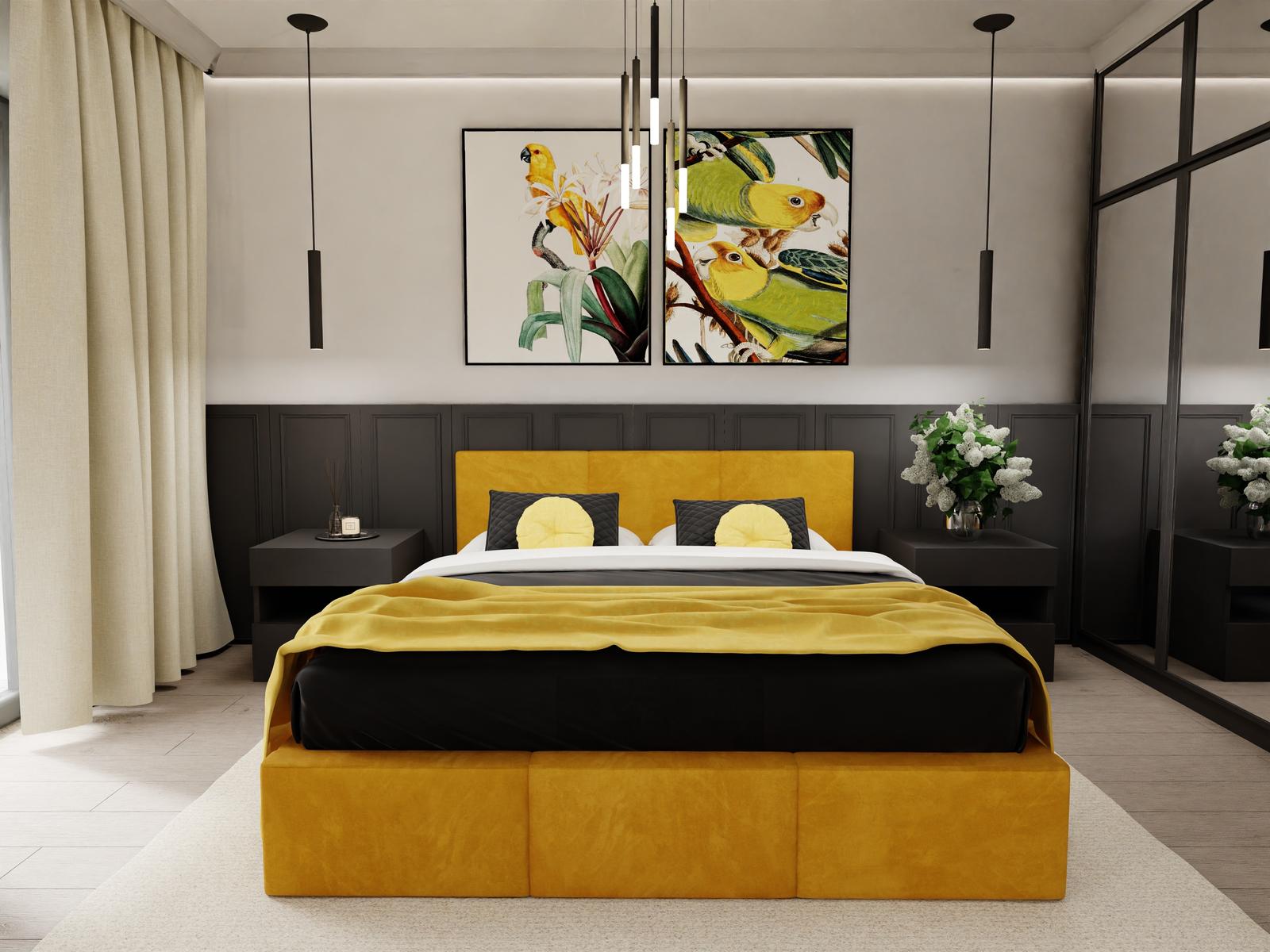 Łóżko tapicerowane do sypialni 180x200x110 cm podwójne z pojemnikiem modne żólte nr. 6