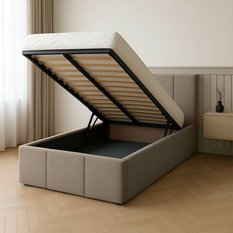 Łóżko Pojedyncze 90x200cm łóżko tapicerowane z pojemnikiem beżowe do sypialni wezgłowie 88 cm - Miniaturka zdjęcia nr 2