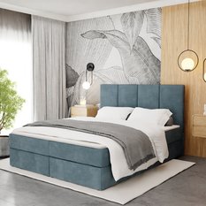 Łóżko kontynentalne 140x200x113 cm tapicerowane podwójne z materacem morskie  - Miniaturka zdjęcia nr 7