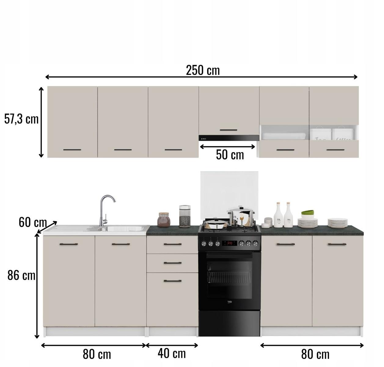 Zestaw mebli kuchennych górnych i dolnych gotowy 250 cm 6 szt kaszmir komplet szafek z blatami district dark czarne uchwyty do kuchni  nr. 3