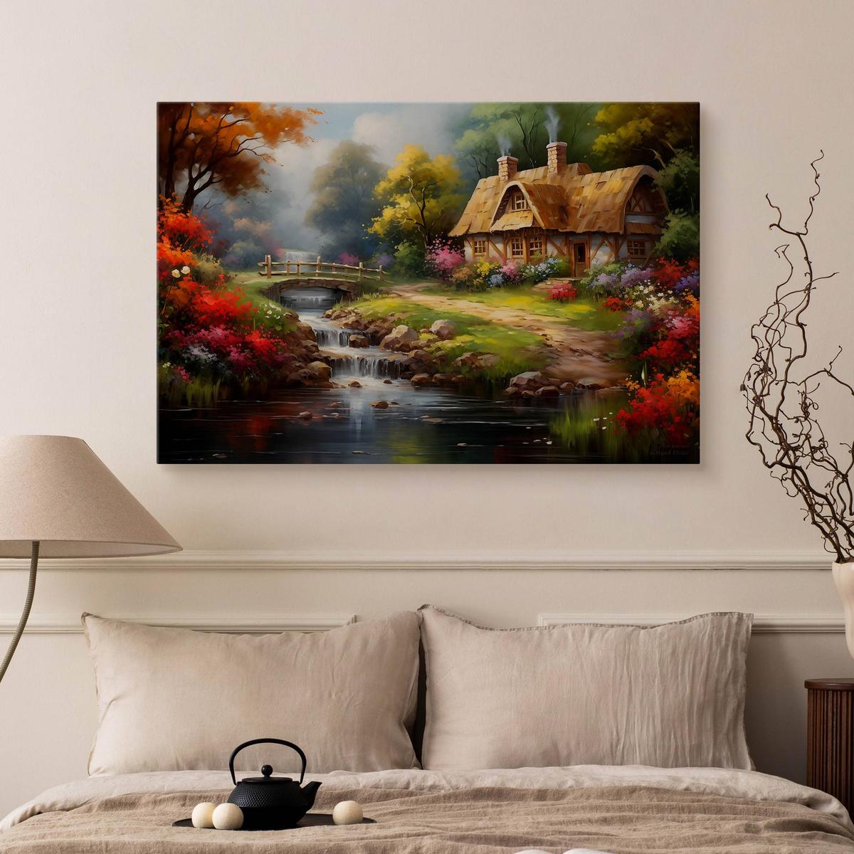 Obraz Na Płótnie Krajobraz Strumyk Domek Na Wsi 40x30 Natura Las nr. 5