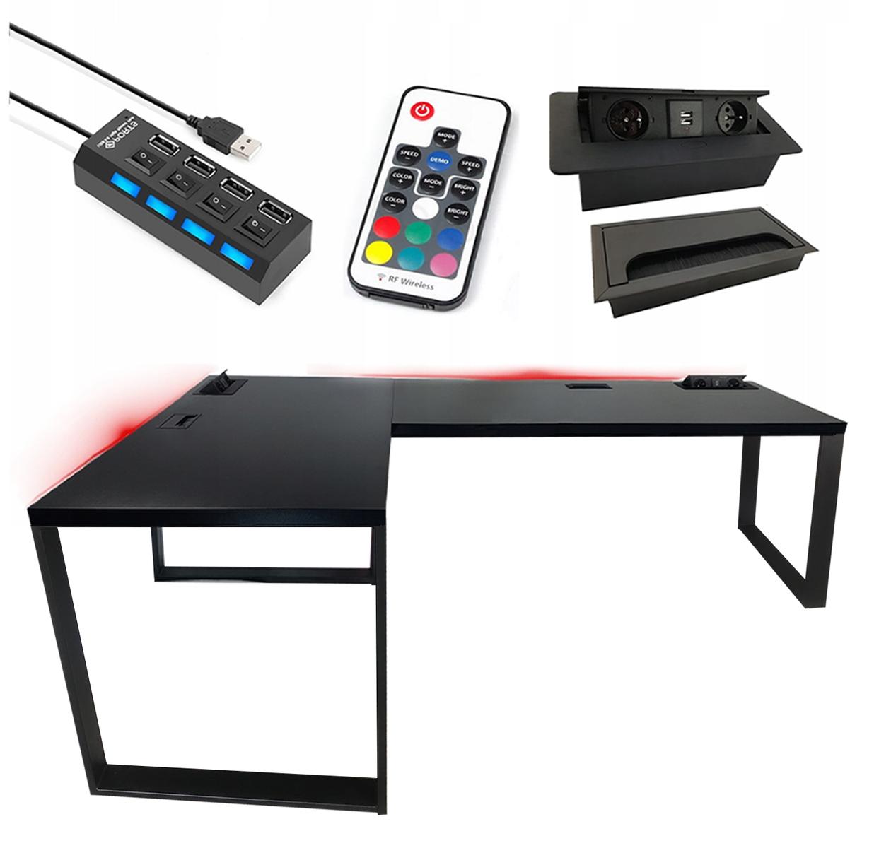 Biurko gamingowe narożne model 3 czarne LOFT metalowe nogi LED RGB przepust USB dla gracza 180x60x71cm