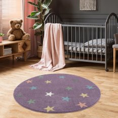 Dywan dziecięcy krągły Violet Stars Round 133 cm do pokoju dziecięcego fioletowy w gwiazdki