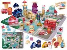 Klocki drewniane edukacyjne miasto puzzle 100 elementów zabawka dla dzieci 55x42x2,5 cm