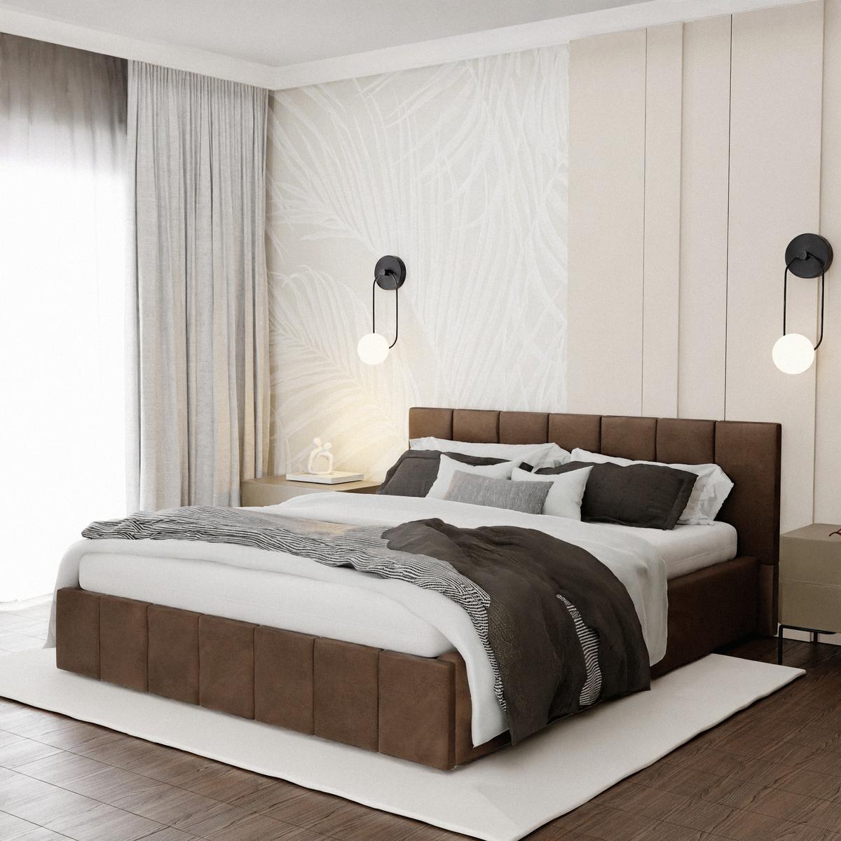 Łóżko tapicerowane 160x200 premium z pojemnikiem do sypialni brązowe wezgłowie 107 cm