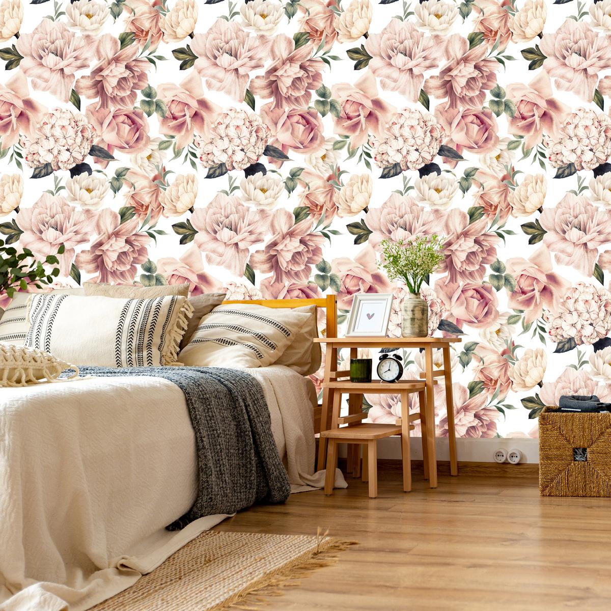 Tapeta Do Sypialni Różowe KWIATY Róże Peonie Hortensje Styl Vintage  nr. 8