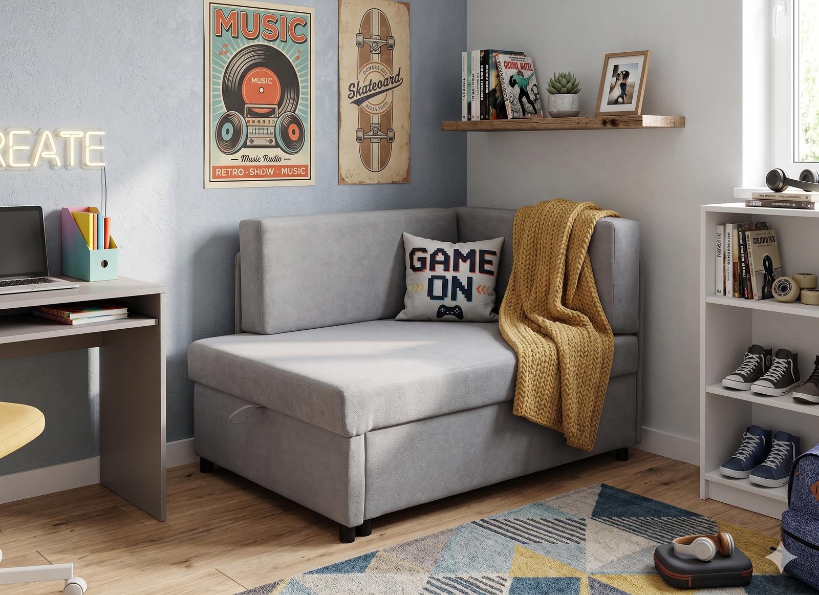 Sofa rozkładana dziecięca Viluś 106x75x80 cm narożnik jednoosobowy do pokoju z funkcją spania i przechowywania dla dzieci szary