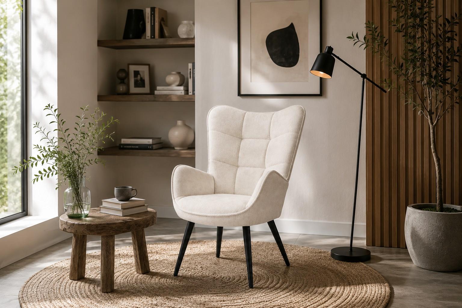 Fotel uszak tapicerowany wypoczynkowy 69x63x89 cm do salonu biura nogi czarne, szenil kremowy