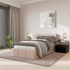 Łóżko Pojedyncze 90x200cm łóżko tapicerowane z pojemnikiem kremowe do sypialni wezgłowie 120 cm - Miniaturka zdjęcia nr 1