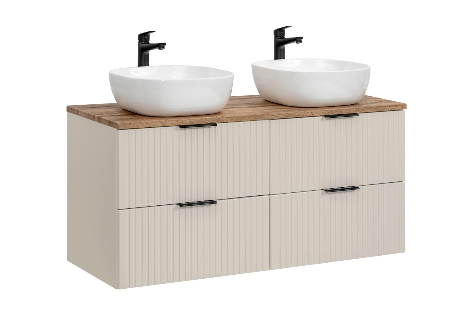 Zestaw łazienkowy ADEL 120 cm z blatem dąb wotan 2 umywalki nablatowe SMILE kaszmir