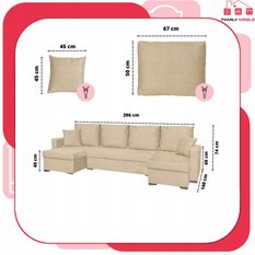 Narożnik Bella BIG 298x74x140 cm kształt U z funkcją spania i przechowywania Angel beżowy - Miniaturka zdjęcia nr 8