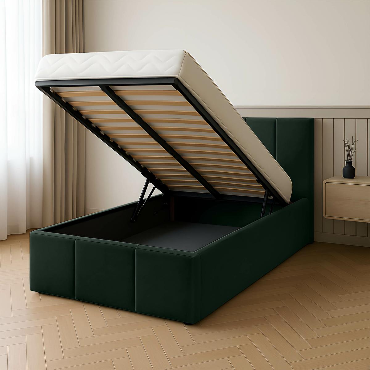 Łóżko Pojedyncze 90x200cm łóżko tapicerowane z pojemnikiem butelkowa zieleń do sypialni wezgłowie 100 cm nr. 2