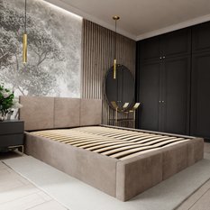 Łóżko tapicerowane do sypialni 180x200x100 cm podwójne z pojemnikiem modne beżowe - Miniaturka zdjęcia nr 2