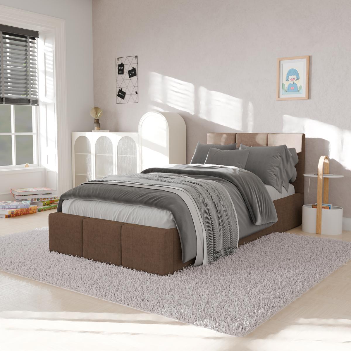 Łóżko Pojedyncze 90x200cm łóżko tapicerowane z pojemnikiem beżowe do sypialni wezgłowie 120 cm nr. 4