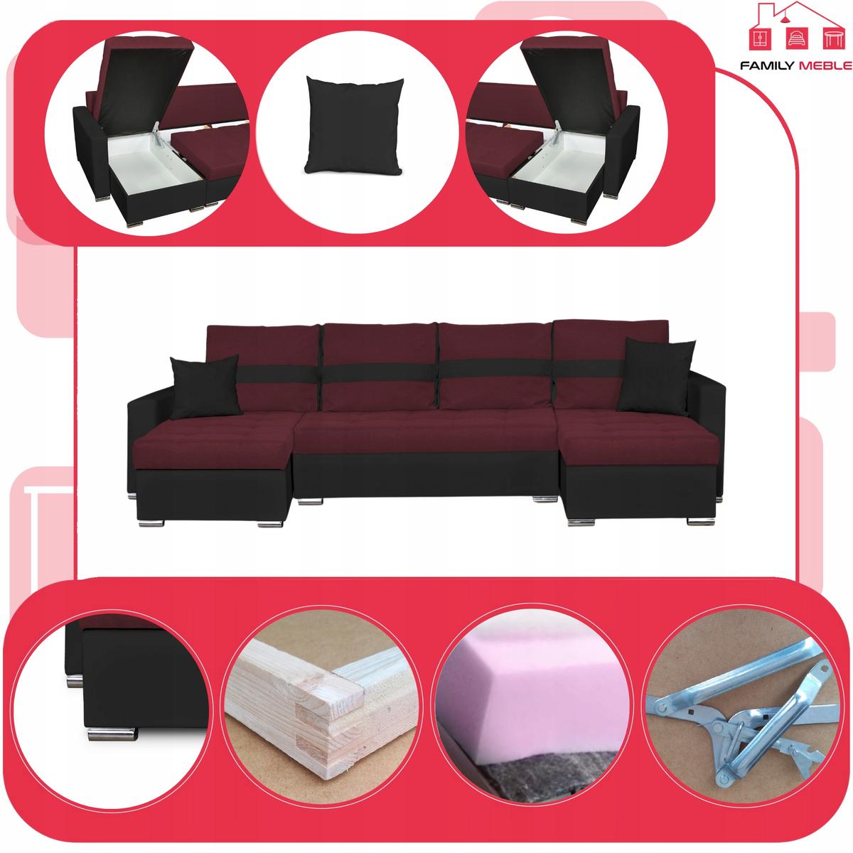 Narożnik Figo BIG 296x74x140 cm kształt U z funkcją spania i przechowywania do salonu Twist czarno bordowy nr. 4