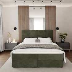 Łóżko kontynentalne 160x200x113 cm tapicerowane podwójne z materacem khaki - Miniaturka zdjęcia nr 2