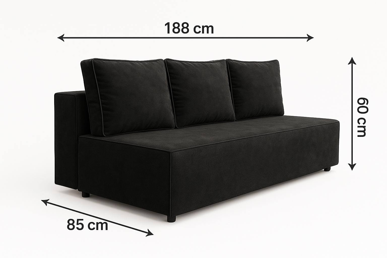 Kanapa 3 osobowa voxi czarna 188x85x90 cm velvet royal z funkcją spania i pojemnikiem na pościel bez boków, wygodna sofa z materacem T30 nr. 3