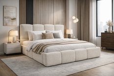 Łóżko tapicerowane VELLA 140x200 cm ze stelażem i pojemnikiem boucle do sypialni kremowy