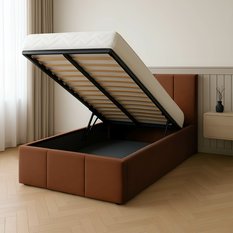 Łóżko Pojedyncze 90x200cm łóżko tapicerowane z pojemnikiem miodowe do sypialni wezgłowie 100 cm - Miniaturka zdjęcia nr 2