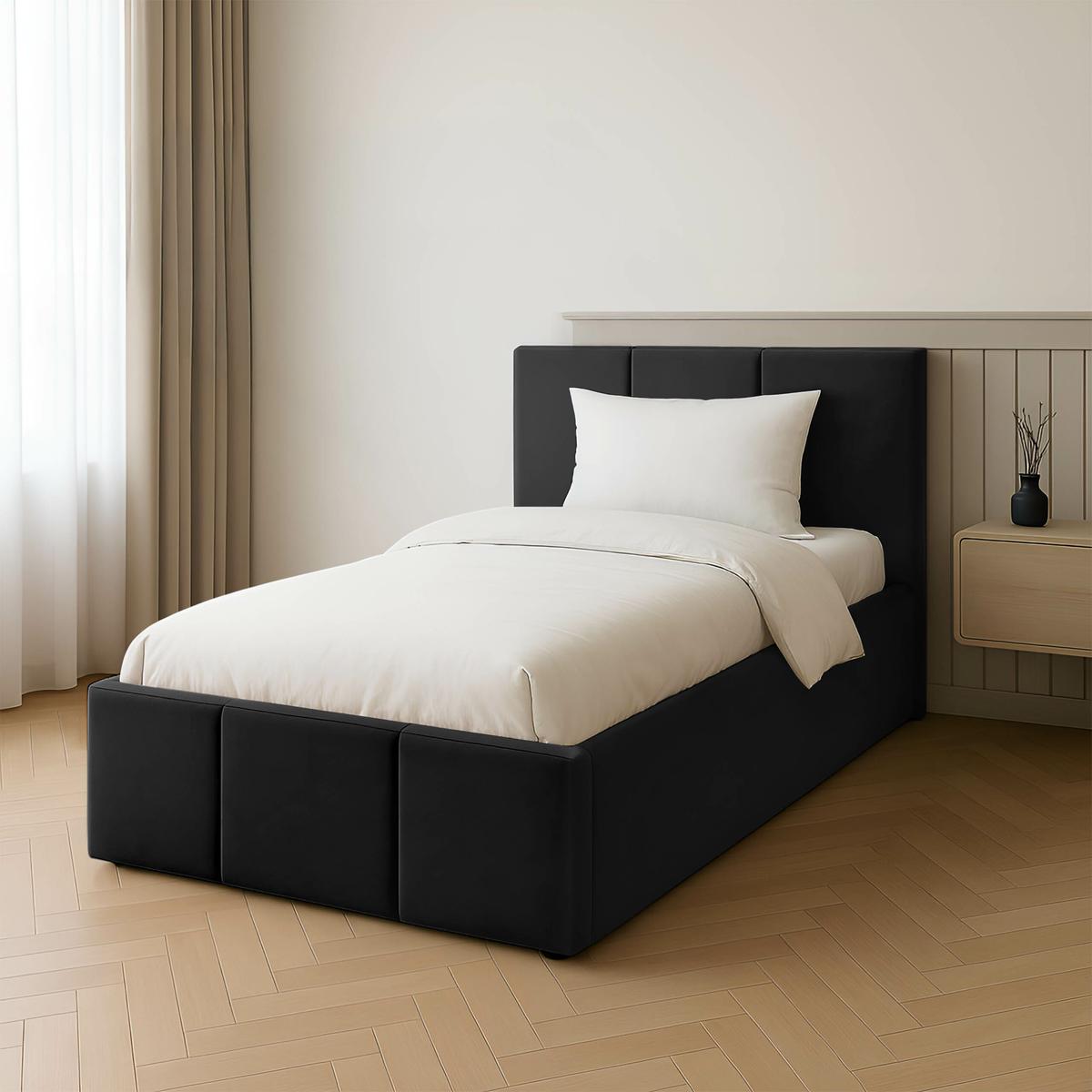 Łóżko Pojedyncze 90x200cm łóżko tapicerowane z pojemnikiem czarne do sypialni wezgłowie 88 cm nr. 3