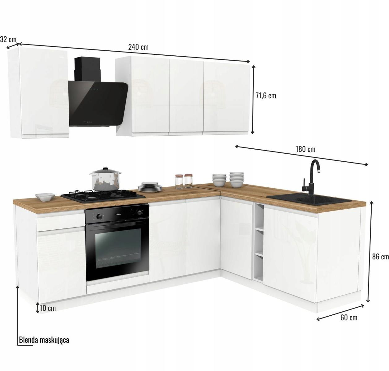 Zestaw mebli kuchennych LUGO 240x180 cm kuchnia narożna szafki kuchenne górne dolne biały akryl połysk z blatem dąb evoke nr. 3